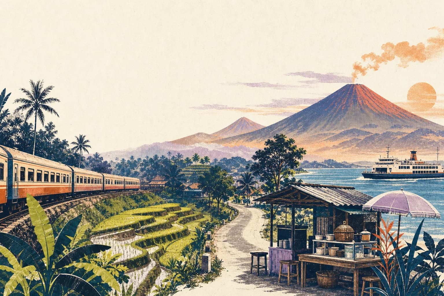 Illustration of a train journey across Java with volcanoes and a ferry