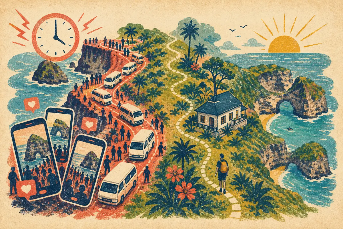 Editorial illustration contrasting a congested viral photo tour with a slower overnight island route